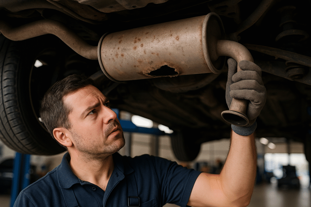 Mechanic examining a rusted muffler with a visible hole in an auto shop.