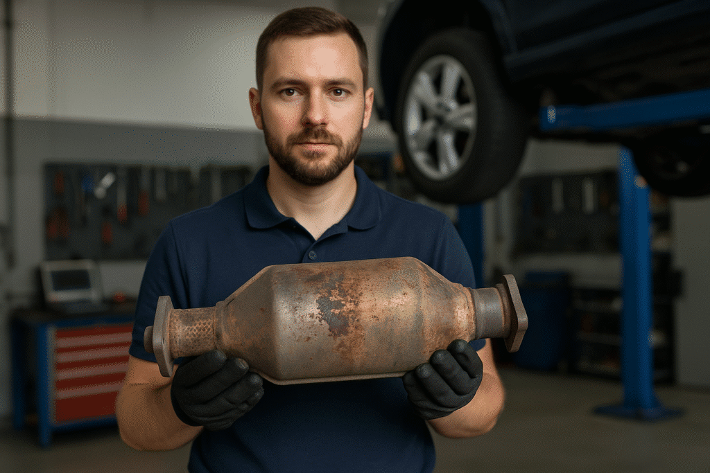 Mechanic holding damaged converter