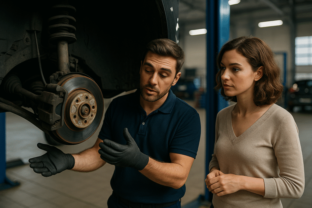 Mechanic explaining the situation to a customer