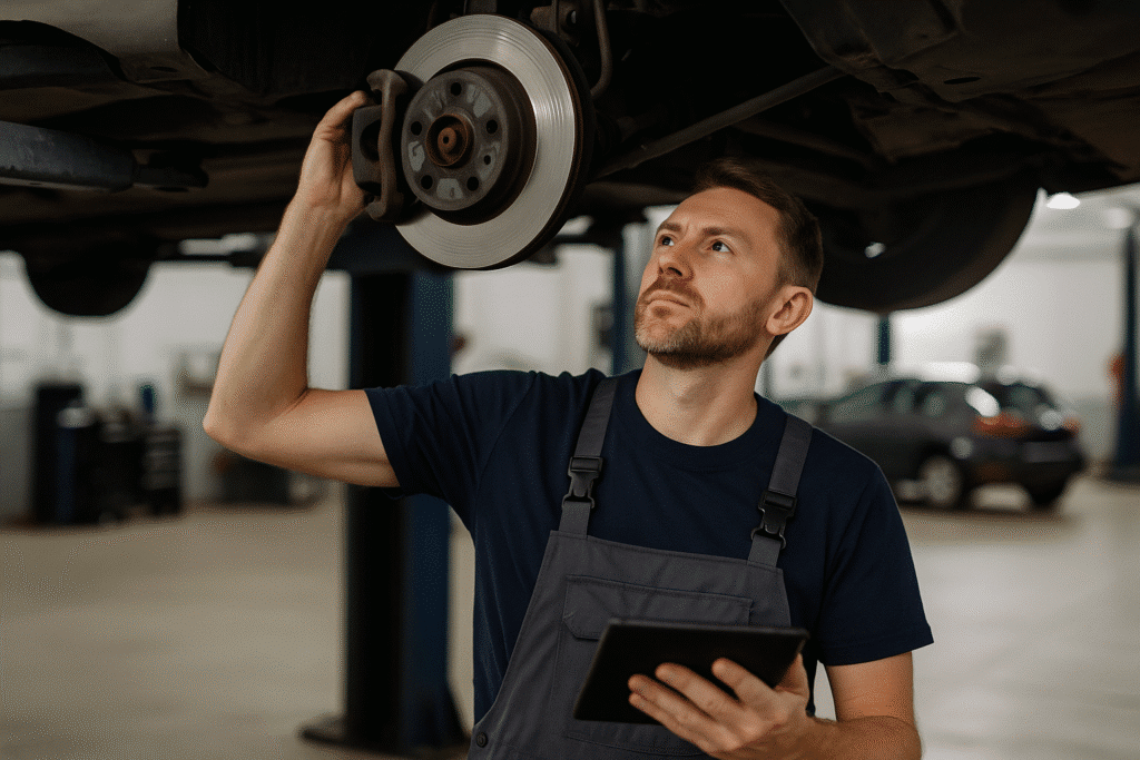 Mechanic inspecting the brakes