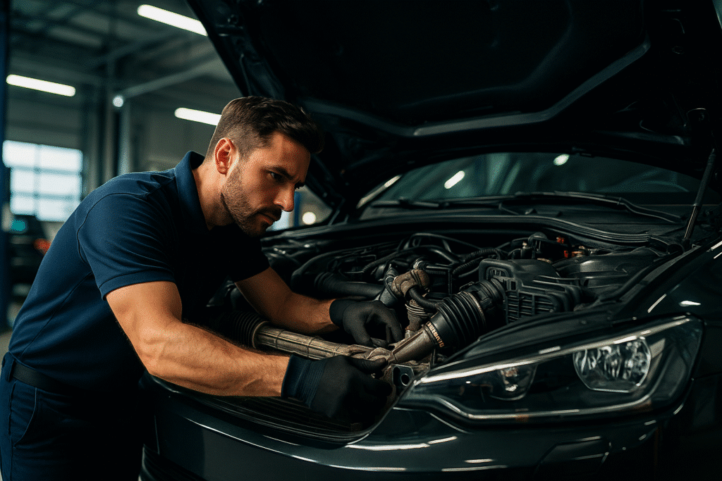 Mechanic inspecting the car