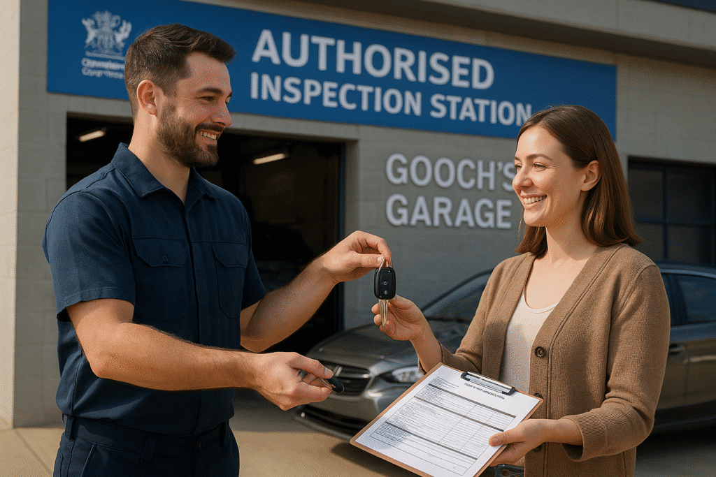 a happy customer receiving keys and an inspection report from a professional mechanic