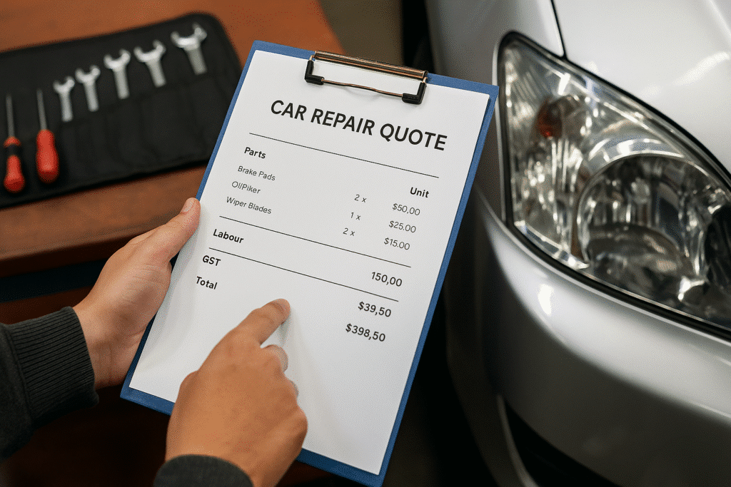 A close-up of a customer’s hands reviewing a printed itemised car repair quote on a clipboard beside a vehicle