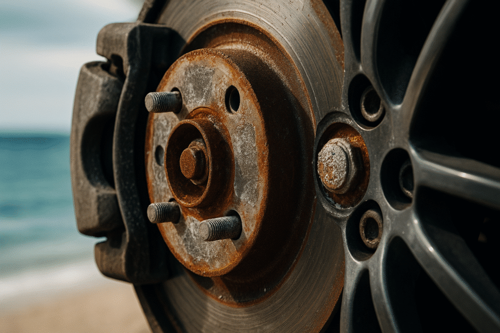 car brake components and wheel hubs covered with fine salt residue and beginning rust spots