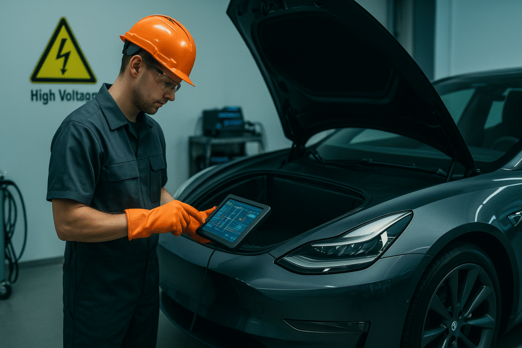 Technician in safety gear inspecting a sleek electric vehicle with digital diagnostic tools and high-voltage warning signage