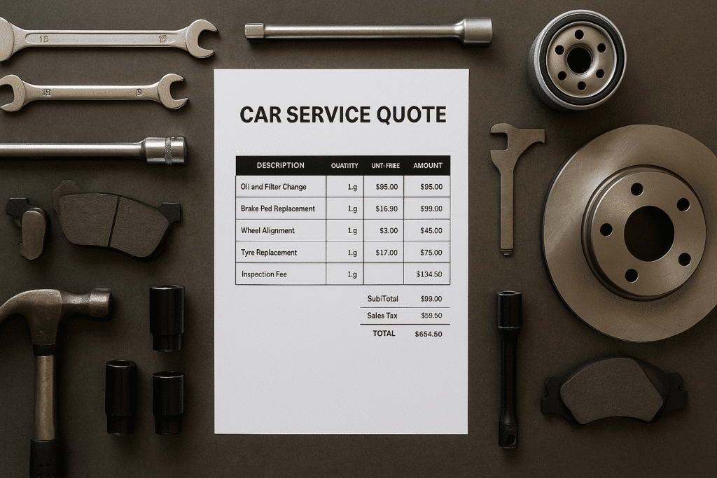 A flat lay of a clean workbench showing a printed car service quote