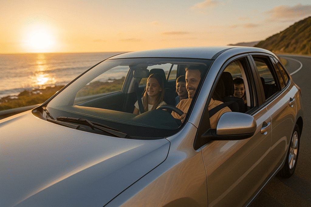 A smiling family driving along a scenic Gold Coast coastal road at sunset