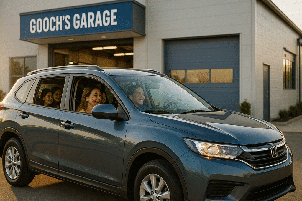 A smiling family driving away from Gooch's Garage