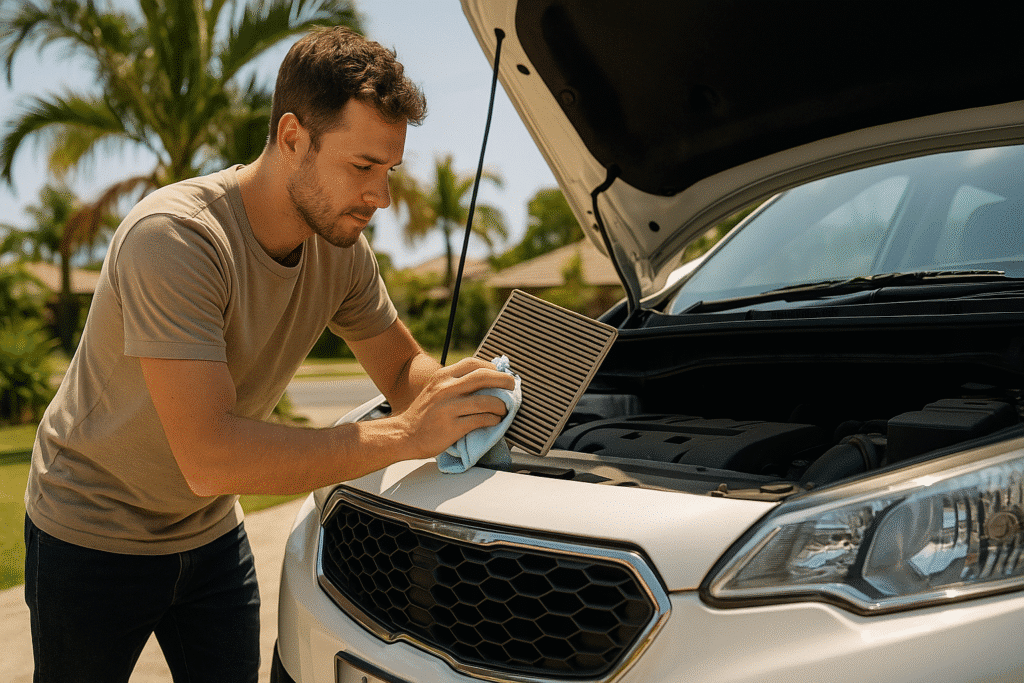 A car owner in a sunny driveway gently cleaning a cabin air filter and checking the car’s front grille for debris
