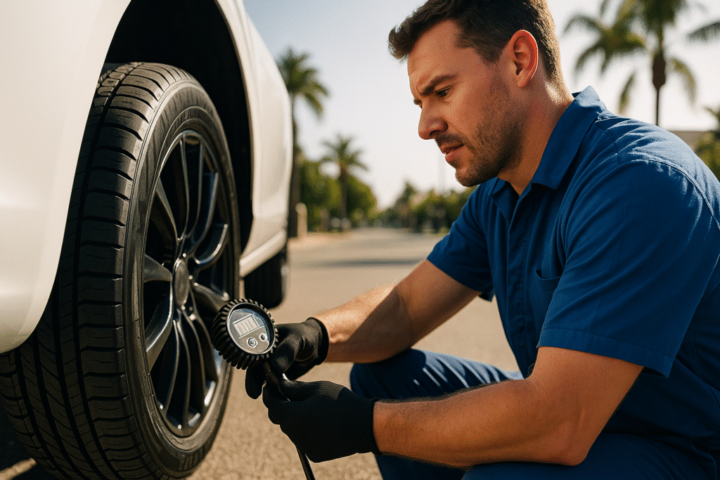 mechanic checking tyre pressure on a car using a digital gauge