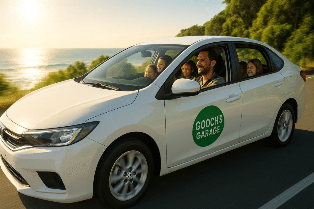 A family driving along the Gold Coast highway in a clean car, with sunlight reflecting off the ocean and greenery along the road