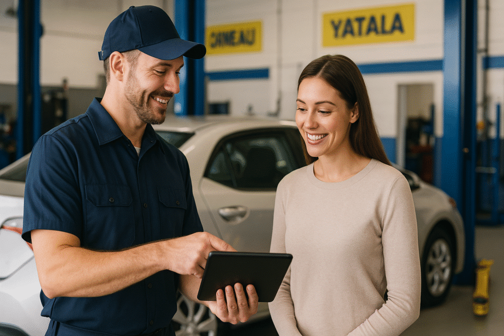 A friendly, uniformed mechanic standing beside a customer’s car in a bright, well-lit service centre, showing a repair estimate on a tablet to a smiling customer.