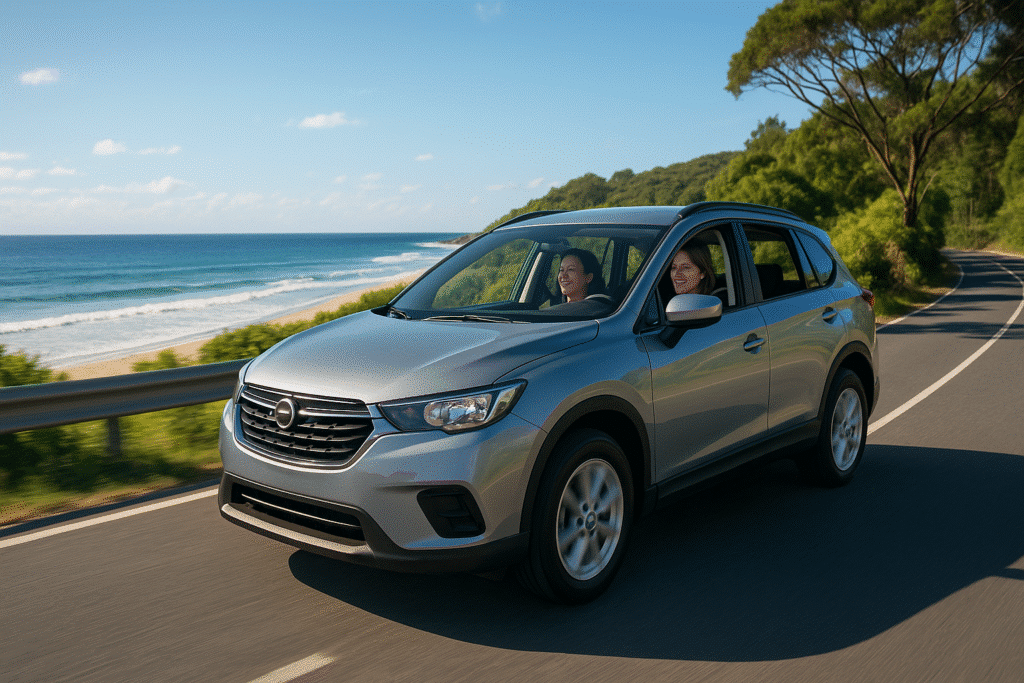 happy family driving along a coastal Gold Coast road