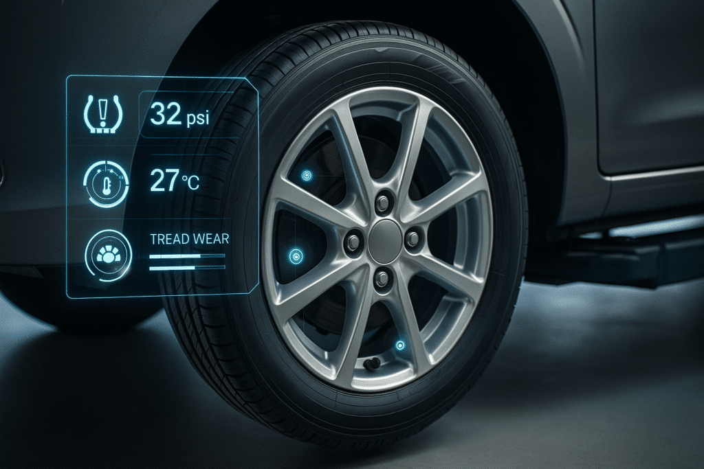 A close-up of a smart tyre with visible embedded sensors and a transparent overlay showing real-time data like tyre pressure, temperature, and tread wear.