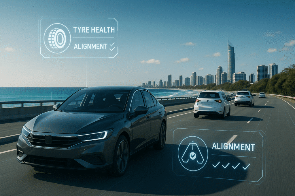 A futuristic highway along the Gold Coast with smart vehicles driving under clear skies