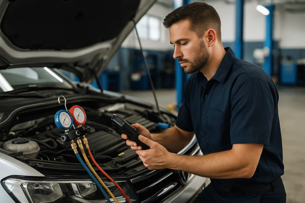 Professional mechanic in a clean, modern auto workshop inspecting a car air conditioning system with diagnostic tools and pressure gauges connected.