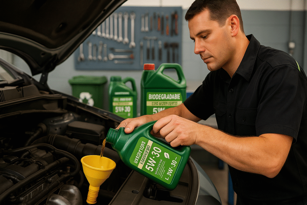 mechanic pouring biodegradable engine oil into a car
