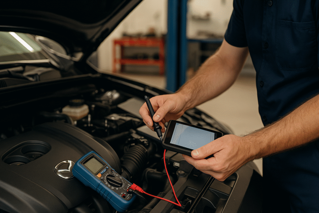 Mechanic using diagnostic tools and a tablet to perform a detailed safety inspection