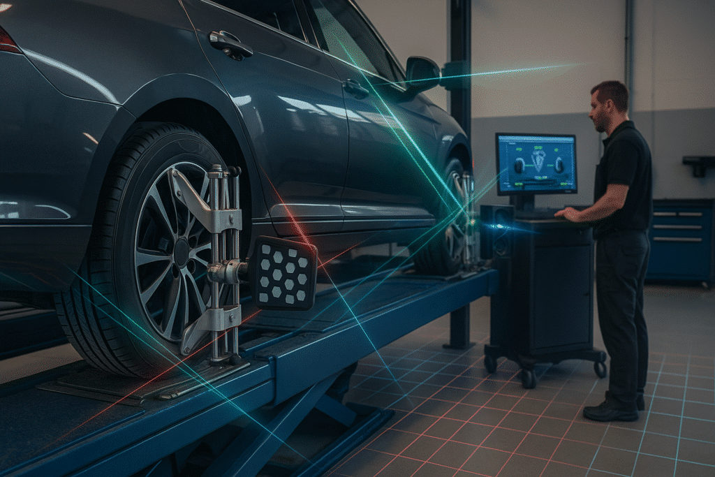A vehicle on a modern alignment rack inside a professional workshop