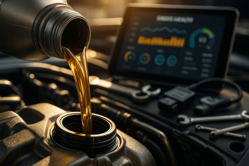 clean motor oil being poured into a car engine