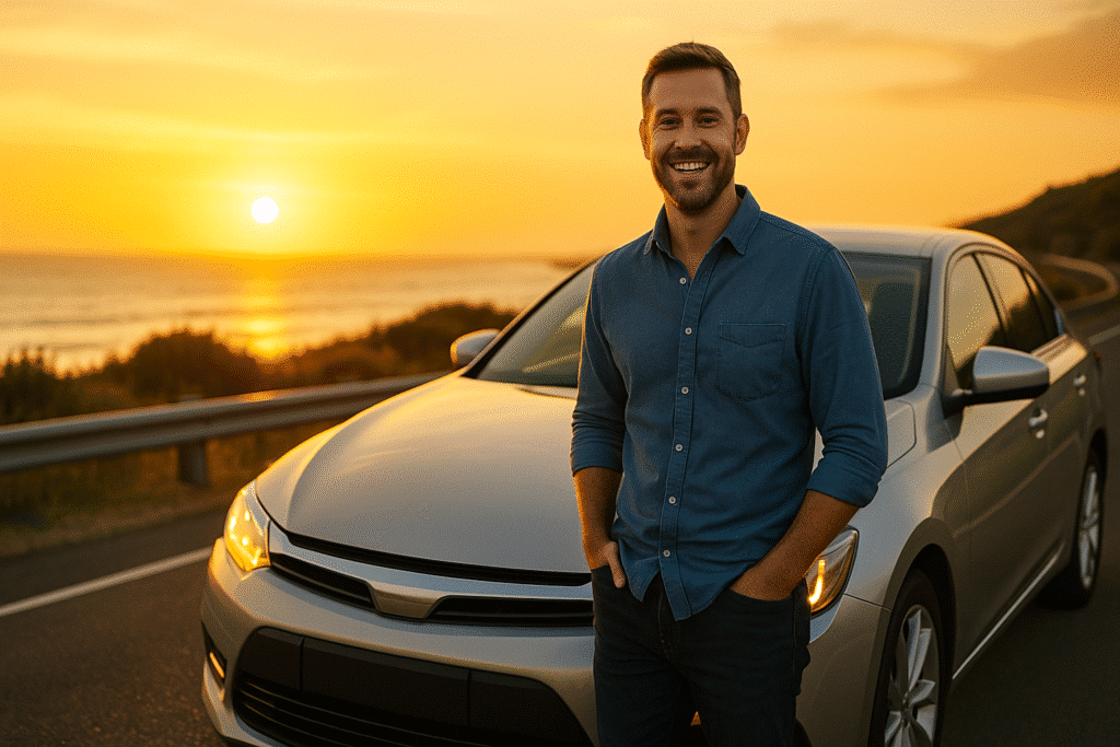 Happy driver on the Gold Coast standing next to a freshly serviced car at sunset