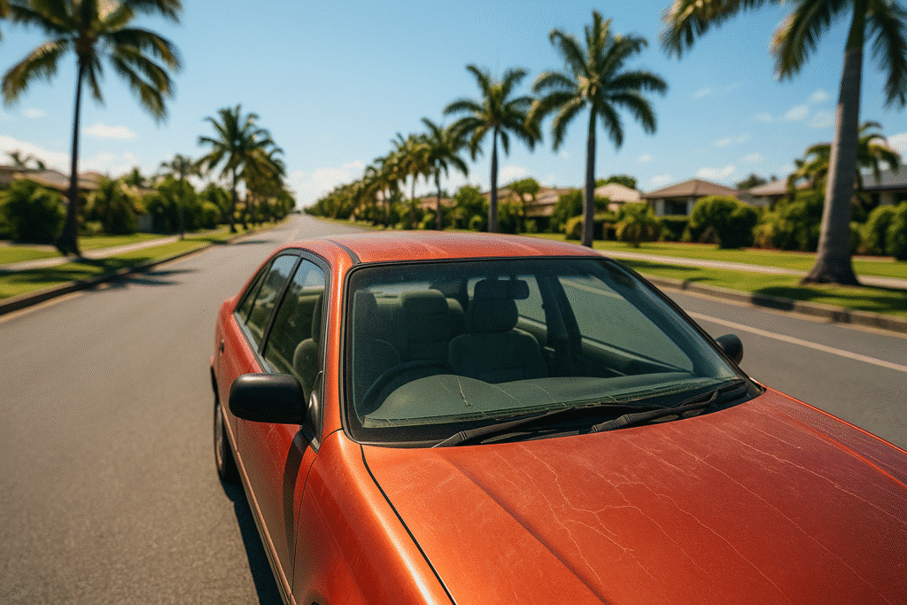 Aerial angle of a car parked under direct Queensland sun with visible UV fading on the paint and dashboard cracks through the windshield