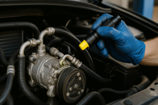 Technician checking car air-conditioning components with UV dye leak detection tools.
