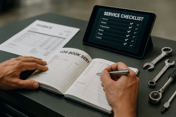 Close-up view of a mechanic updating a logbook beside tools and a tablet showing service details.