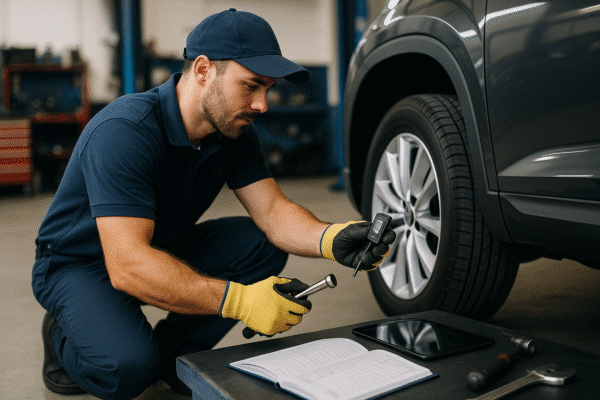 Technician checking tyre tread depth and wheel condition inside a professional workshop.