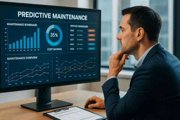 A fleet manager reviewing predictive maintenance schedules and fleet analytics on a digital dashboard.