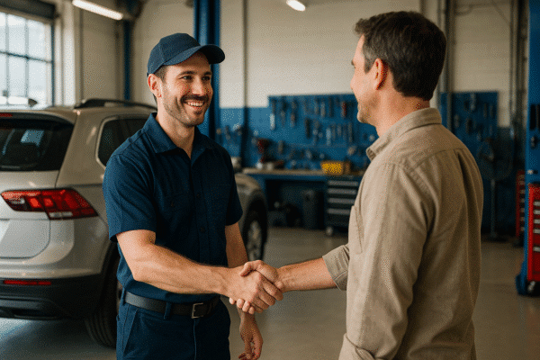 Friendly mechanic greeting a customer beside an SUV inside a clean, professional workshop.