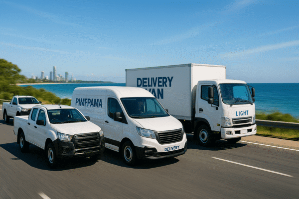 A mixed fleet of service vehicles driving along a Gold Coast highway.