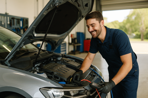 Friendly mechanic inspecting a car air conditioning system inside a clean workshop.