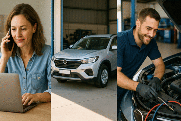 Three-panel image showing booking, workshop arrival, and AC repair steps.