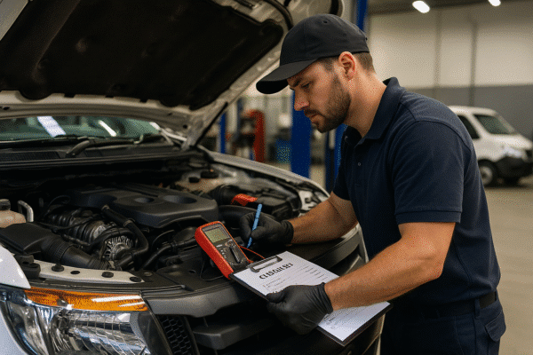A mechanic inspecting a commercial ute with diagnostic tools and a service checklist.