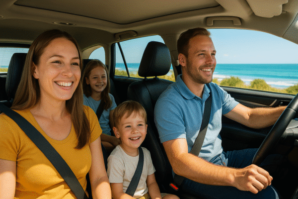 Family smiling inside a cool SUV while driving along the Gold Coast.