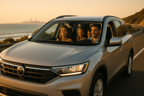 A smiling family driving a clean SUV along a coastal highway near Gold Coast