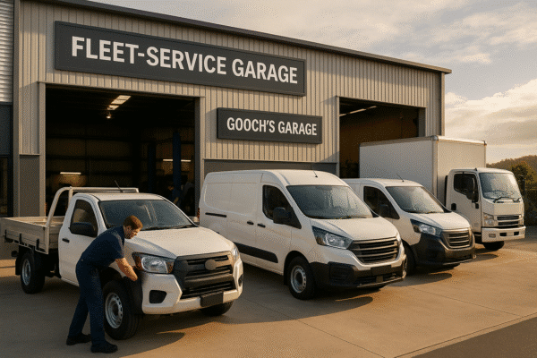 Fleet vehicles including vans and utes being serviced outside a modern workshop