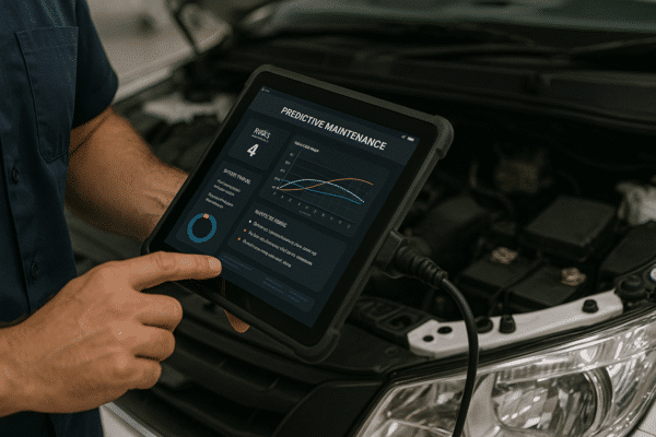 Mechanic using a tablet-based diagnostic tool showing predictive maintenance data for a fleet vehicle.