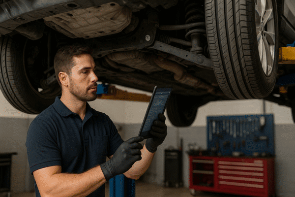 Mechanic using a diagnostic tablet while inspecting the suspension and brake system of a lifted car.