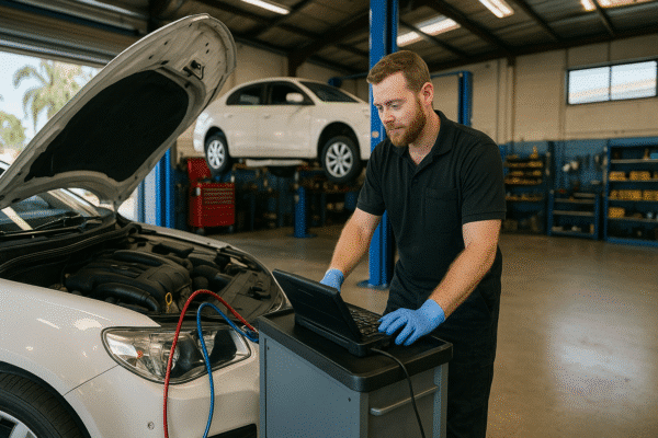 A mechanic in a Yatala auto workshop inspecting a vehicle’s air conditioning system with diagnostic tools.