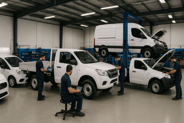 Wide view of a modern Yatala fleet workshop with several commercial vehicles being serviced by technicians using diagnostic equipment