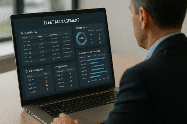 Fleet manager reviewing a digital dashboard showing service history, costs, and compliance information for multiple fleet vehicles.