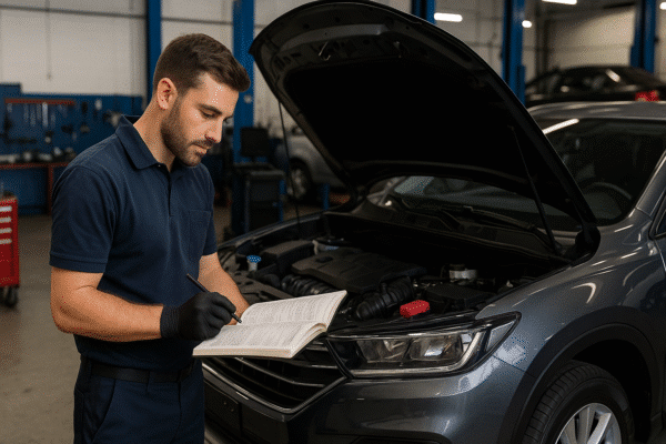Mechanic in a modern Yatala workshop inspecting an SUV engine while referencing the vehicle’s logbook.