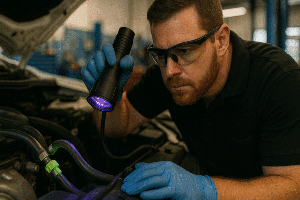 A mechanic using a UV lamp to detect a refrigerant leak in a vehicle’s air conditioning line.