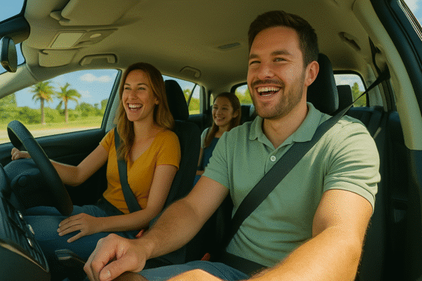 A family enjoying a cool and comfortable drive with car air conditioning on a sunny day.