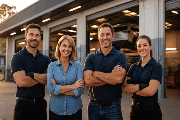 Friendly team of mechanics standing outside a family-owned automotive workshop in Yatala.