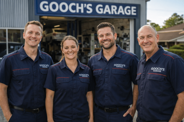 Gooch’s Garage mechanic team standing outside their workshop