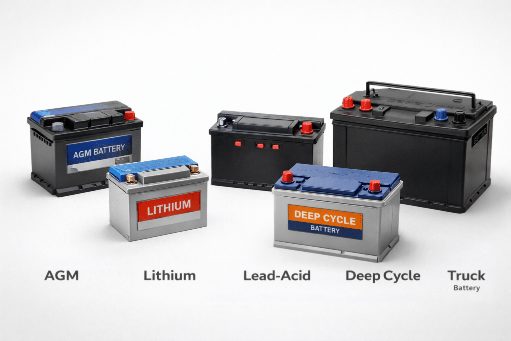 Display of different automotive battery types including AGM, lithium, and lead-acid batteries.