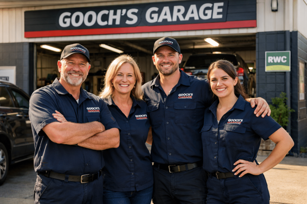Friendly mechanics at Gooch’s Garage welcoming customers to their Pimpama workshop.